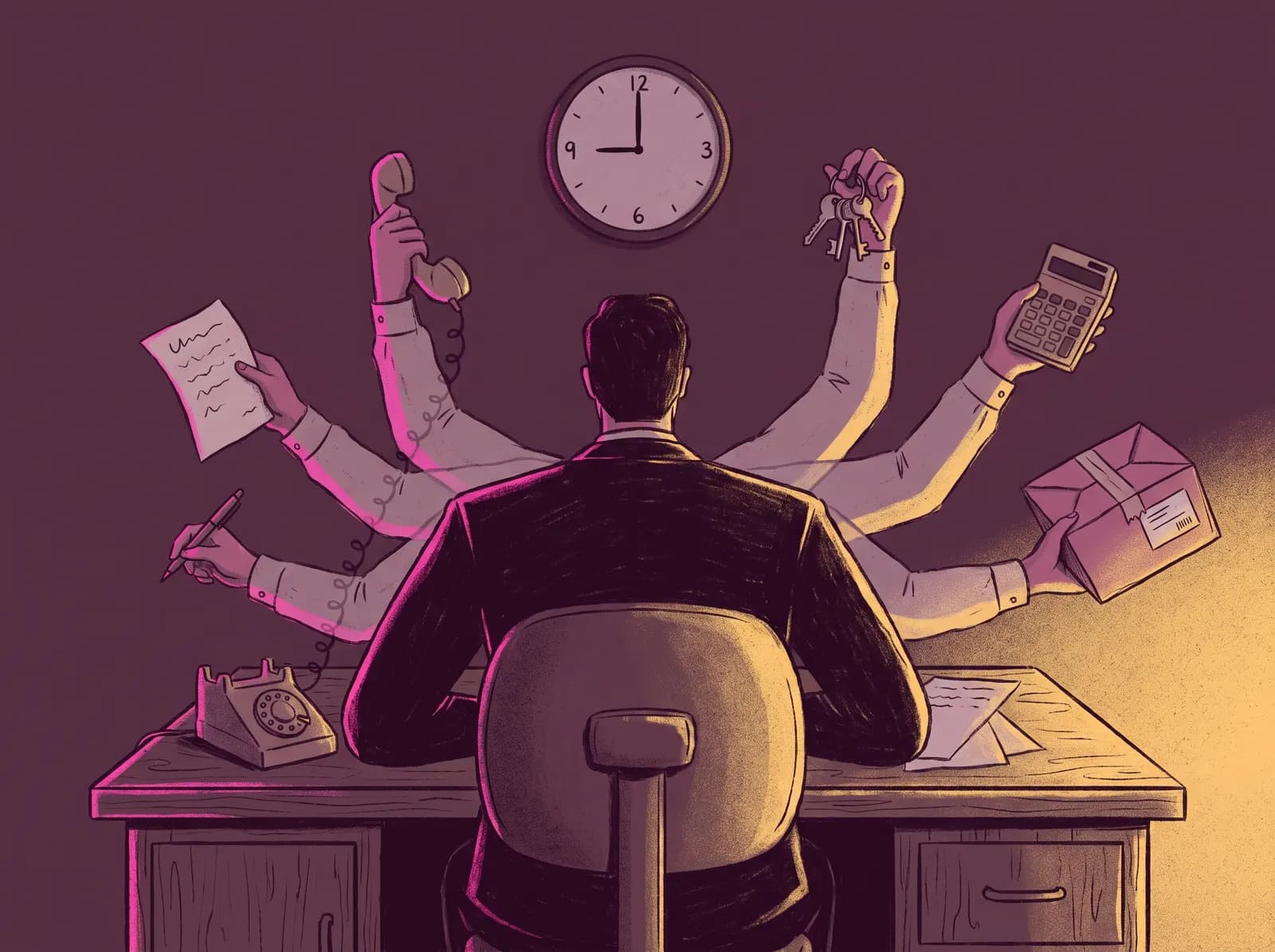 Il Signor Faccio-Io: un imprenditore di spalle alla scrivania, con sei braccia che tengono telefono, preventivo, penna, chiavi, calcolatrice e un pacco. L'orologio segna le nove.